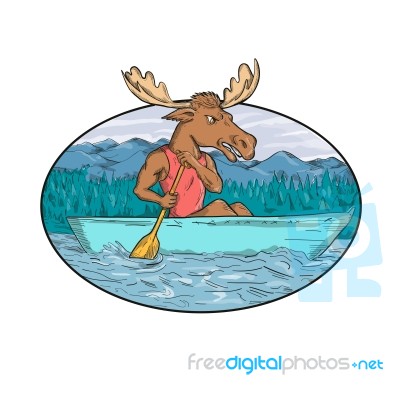 Moose Paddling Canoe Drawing Oval Stock Image