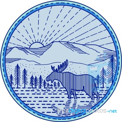 Moose River Flat Mountains Sunburst Circle Mono Line Stock Image