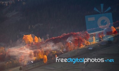 Morning Light In Mountains. Autumn Morning Colors. Smoke Over Vi… Stock Photo