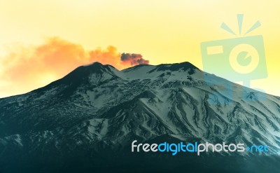 Mount Etna By Sunset Stock Photo