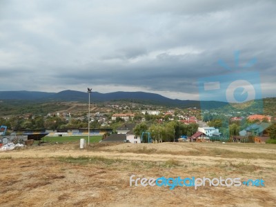 Mountain Panorama, Landscape And Buildings Stock Photo