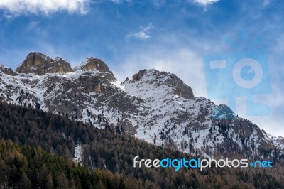 Mountains In The Valley Di Fassa Near Moena Trentino Italy Stock Photo