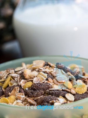 Muesli Breakfast Indicates Cereal Natural And Milk Stock Photo