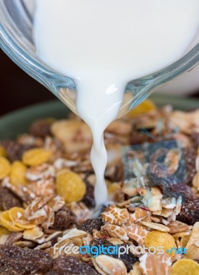 Muesli Breakfast Shows Natural Wholegrain And Morning Stock Photo
