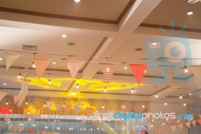 Multi Colored Triangle Flags Hanging Indoor Party Stock Photo