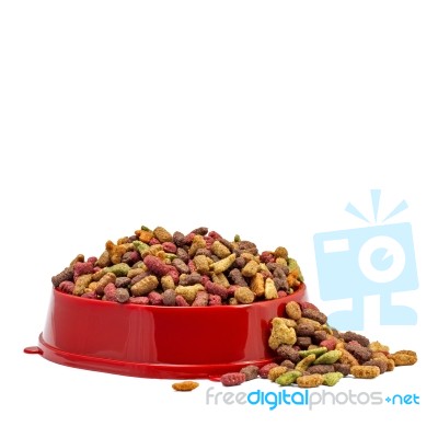 Multicolored Dry Cat Or Dog Food In Red Bowl Isolated On White B… Stock Photo