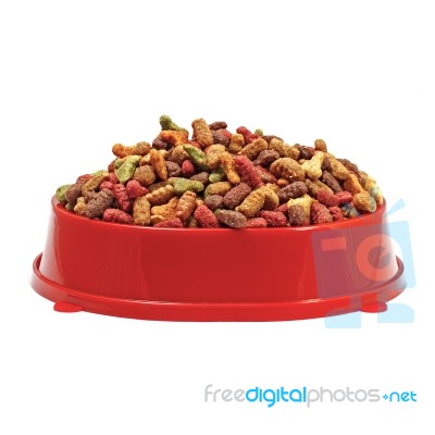 Multicolored Dry Cat Or Dog Food In Red Bowl Isolated On White B… Stock Photo