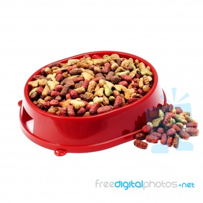 Multicolored Dry Cat Or Dog Food In Red Bowl Isolated On White B… Stock Photo