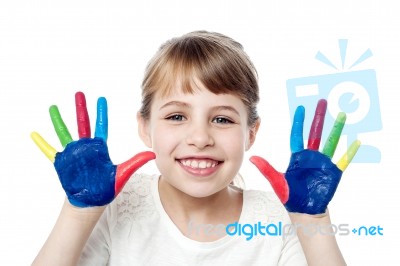 Multicolored Palms Of Cute Girl Stock Photo