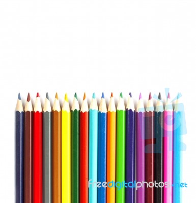 Multicolored Pencils On White Background To Create A Collage Stock Photo