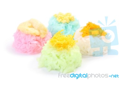 Multiple Color Of Sticky Rice With Sugar Custard On White Floor Stock Photo