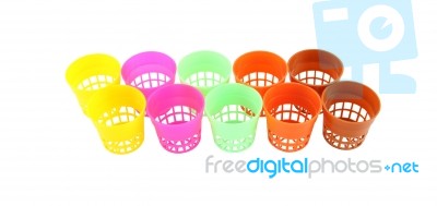 Multiple Plastic Flowerpot For Little Plant On White Background Stock Photo