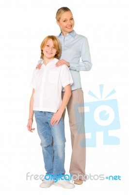 Mum And Son Standing And Smiling Isolated On White Background Stock Photo