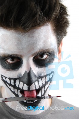 Murderer Skeleton Guy With A Bloody Knife Stock Photo