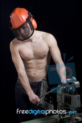 Muscular Worker With Helmet Stock Photo