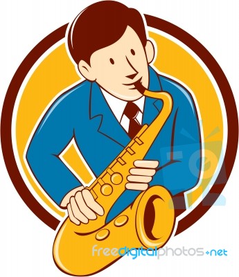 Musician Playing Saxophone Circle Cartoon Stock Image