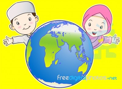Muslim Kids And The World -  Illustration Stock Image