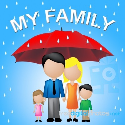 My Family Shows Parasol Umbrella And Sibling Stock Image