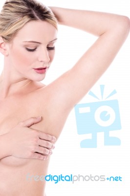 Naked Woman Covering Her Breast Stock Photo