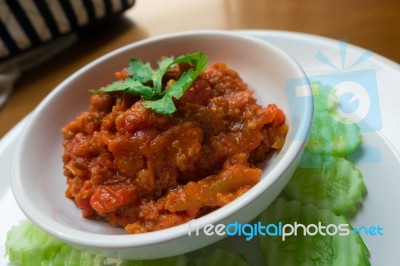 Nam Prik Ong, Thai Northern Style Minced Pork And Tomato Relish Paste Dip. Very Famous Spicy Yummy Hot Chilli Pepper Paste Sauce Stock Photo