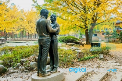 Nami Island,korea - Oct 25: The Statue And Tourists Taking Photos Of The Beautiful Scenery Around Nami Island On October 25,2015 In Seoul,south Korea Stock Photo