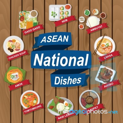 National Dishes Of Asean On Wooden Background Stock Image