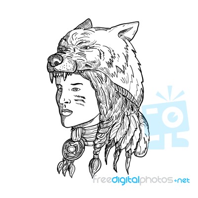 Native American Woman Wearing Wolf Head Stock Image