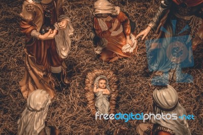Nativity Scene Christmas Crib Background Stock Photo