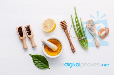 Natural Herbal Skin Care Products. Top View Ingredients Aloe Ver… Stock Photo