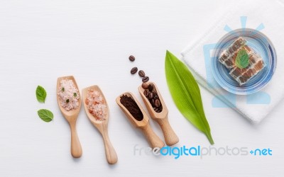 Natural Herbal Skin Care Products. Top View Ingredients Coffee P… Stock Photo