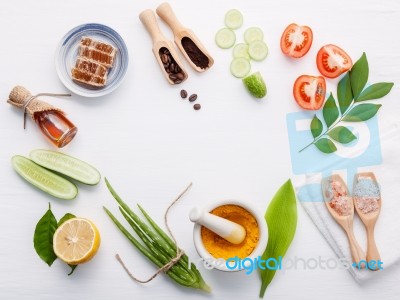 Natural Herbal Skin Care Products. Top View Ingredients Cucumber… Stock Photo