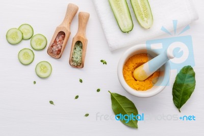 Natural Herbal Skin Care Products. Top View Ingredients Cucumber… Stock Photo