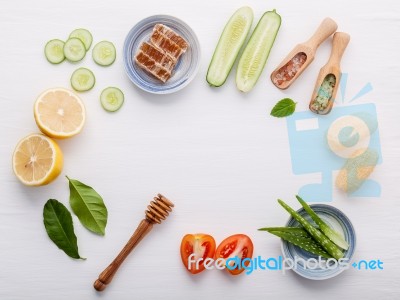 Natural Herbal Skin Care Products. Top View Ingredients Cucumber… Stock Photo