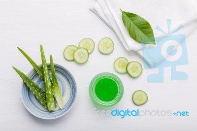 Natural Herbal Skin Care Products. Top View Ingredients Cucumber… Stock Photo