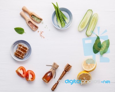 Natural Herbal Skin Care Products. Top View Ingredients Cucumber… Stock Photo