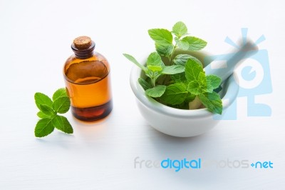 Natural Mint Essential Oil In A Glass Bottle With Fresh Mint Lea… Stock Photo