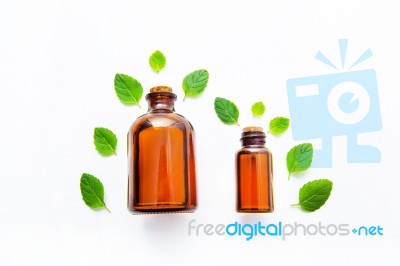 Natural Mint Essential Oil In A Glass Bottle With Fresh Mint Lea… Stock Photo