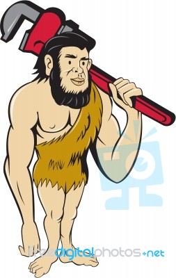 Neanderthal Caveman Plumber Monkey Wrench Cartoon Stock Image