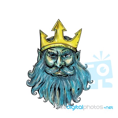 Neptune Trident Crown Head  Woodcut Stock Image