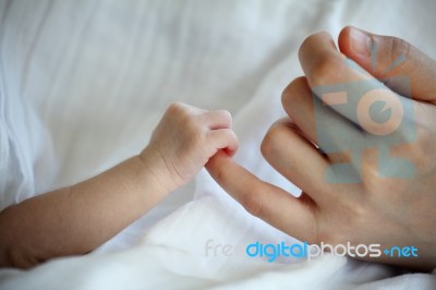 New Born Baby's Hand Gripping Mother Finger Stock Photo