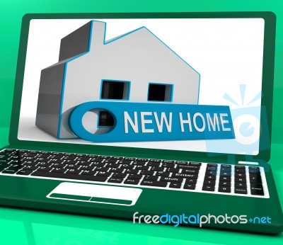 New Home House Laptop Means Finding And Purchasing Property Stock Image