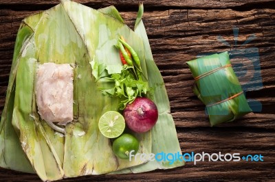 Nham Sour Pork In Banana Leaves Thai Food Stock Photo