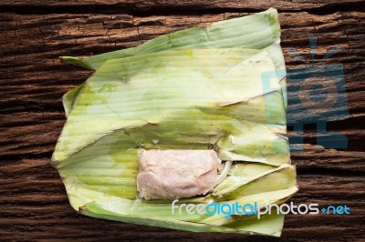 Nham Sour Pork In Banana Leaves Thai Food Stock Photo