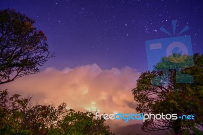 Night Sky And The Sea Fog At Night On The Mountain In Chiang Mai… Stock Photo