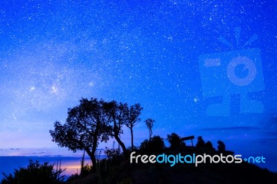 Night Sky With Star On Top Of Mountain Stock Photo