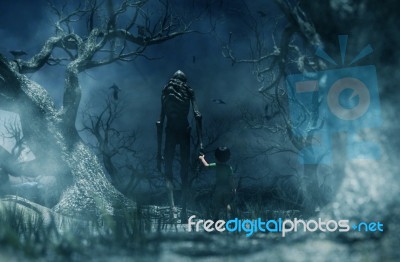 Nightmare With Bogeyman, Boy Being Kidnapped By A Mythical Creatures Stock Image