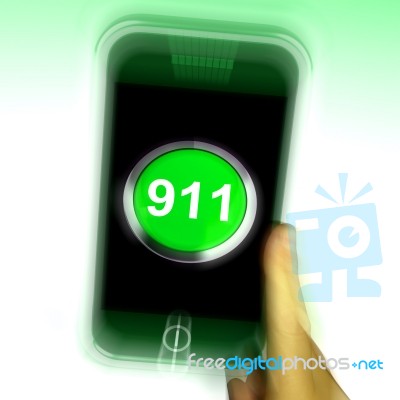 Nine One On Mobile Phone Shows Call Emergency Help Rescue 911 Stock Image