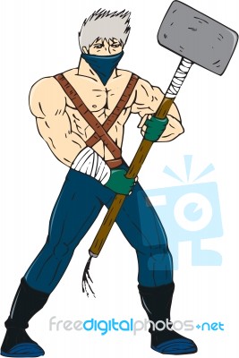 Ninja Masked Warrior Sledgehammer Cartoon Stock Image
