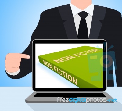 Non Fiction Book Laptop Shows Educational Text Or Facts Stock Image