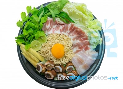 Noodle And Egg With Ingredient In Pot For Hot Sukiyaki Food Stock Photo